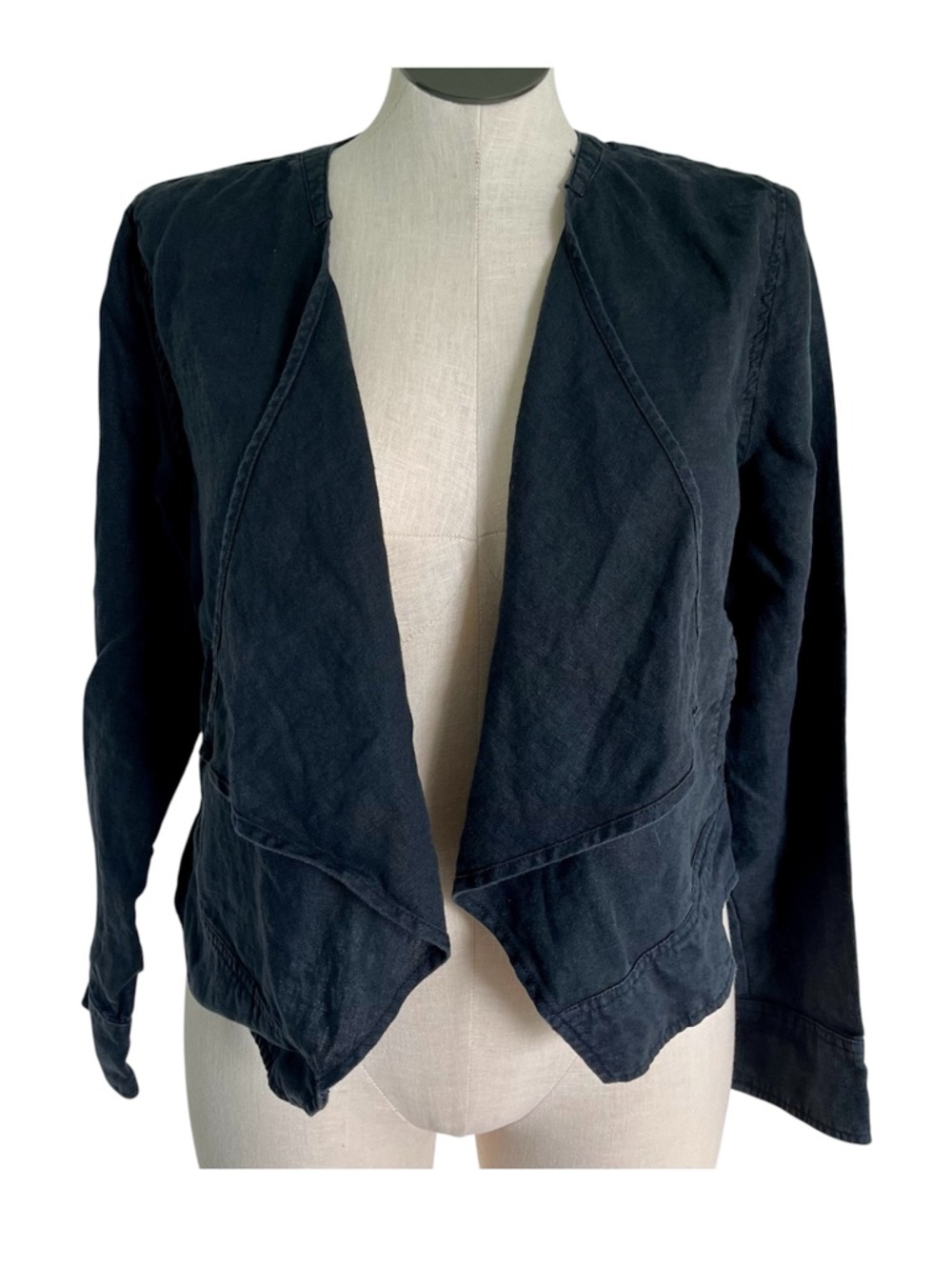 Garnet Hill Black Draped 100% Linen Blazer / Open Front Jacket